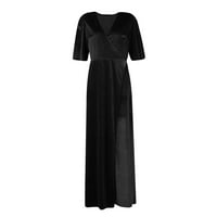 Ženske haljine A kroja s izrezom i printom u obliku slova U, duga ležerna ljetna haljina kratkih rukava, Crna u obliku slova u