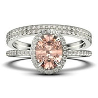 Art Deco set vjenčanih prstenova 2. Zaručnički prsten od Morganita ovalnog reza s dijamantnim Moissanitom, zaručnički prsten od srebra