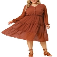 Jedinstveni prijedlozi ženska jesenska šifonska haljina u točkicama s izrezom u obliku slova U i dugim rukavima veličine plus