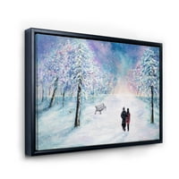 Par zaljubljenih šetnji tijekom snježnih zimskih vremena uokvireno slikanje platna umjetnički tisak