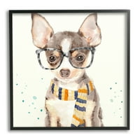 Stupell Industries Hipster Chihuahua štene s naočalama i šal akvarelom crni uokvireni umjetnički print zidna umjetnost, 17x30