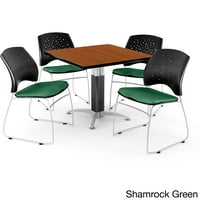 Četvrtasti stol s metalnom mrežastom podlogom u boji trešnje, stolice u obliku zvijezde u sivoj boji u obliku slova U.