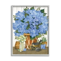Stupell plava hortenzija aranžman za zemlju Botanički i cvjetni slikanje siva uokvirena umjetnička print art art art