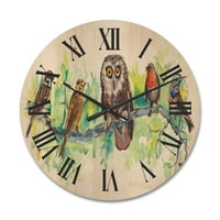 Dizajnerski crtež ptica se sprijatelji sa sovom na grani tradicionalni drveni zidni sat