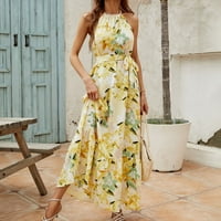 Ženska ljetna Maksi haljina s cvjetnim printom bez rukava s vratom čamca s volanima na rubu duge boho haljine za zabavu na plaži