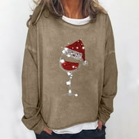 Božićne majice s okruglim vratom za žene proljeće-jesen džemper s dugim rukavima s printom kaki top
