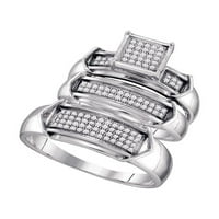 Čvrsto srebro, njegovo i njezino, Okrugli dijamantni grozd koji odgovara paru od tri prstena, vjenčani zaručnički prsten, Set karatnih
