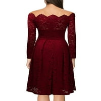 Ženska ležerna večernja haljina s volanima s dugim rukavima midi haljine s čipkastim šavovima s dugim rukavima u vinsko crvenoj boji