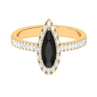 Zaručnički prsten od crnog spinela u obliku kruške 0K s moissanitom, Vintage zaručnički prsten od crnog spinela, 14k žuto zlato,