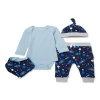 Miniville Baby Boy Blue Bodysuit, Joggers, Bib i Hat Outfit Set, 4-komad