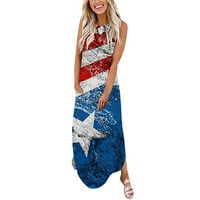 Ženska haljina veličine plus, 4. srpnja, američka zastava, zvijezde, pruge, bez rukava, šuplji neravni RUB, džep, Maksi haljina,