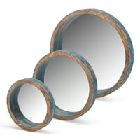 Okrugla drvena ogledala različitih veličina ugniježđena jedno u drugo s plavim pohabanim drvenim okvirima