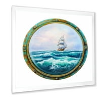 DesignArt 'brod u olujnom oceanu kroz prozor kabine' nautički i obalni uokvireni umjetnički tisak